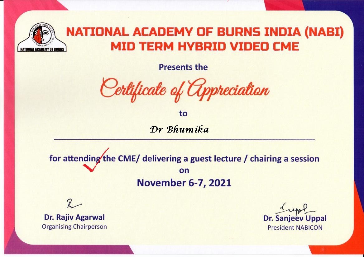 Certificate of Appreciation — Dr. Bhumika Narang
